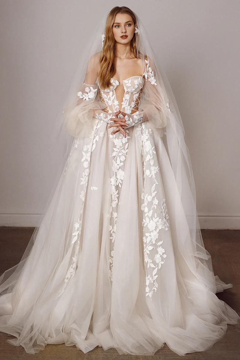 Weitese Prom Dress In Store Elegant Tulle Splendorous Love No Veils A-Line Wedding Dress Off-the-Shoulder Dress For Wedding