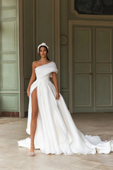 Weitese Prom Dress In Store Divine A-line Off-the-Shoulder Wedding Dress With Hight Slit Dress For Wedding