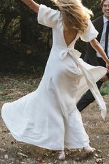 A Line Long Square Neck Lantern Sleeves V Back Pearls Soft Satin Wedding Dress