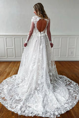 Deep V Neck Long Sleeves Lace Wedding Dresses With Train