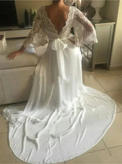 Deep V Neck Backless Lace Applique Wedding Dresses With Train