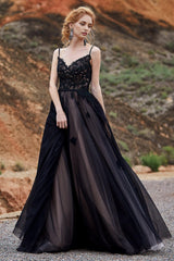 Weitese Dress Formal Women's Dresses Spaghetti Straps Black Wedding Dress With Color Lace Applique A-line Bridal Dress Vestido De Fiesta Largos De Gala Party Dress Prom Dress Stores