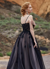 Weitese Dress Formal Women's Dresses Spaghetti Straps Black Wedding Dress With Color Lace Applique A-line Bridal Dress Vestido De Fiesta Largos De Gala Party Dress Prom Dress Stores
