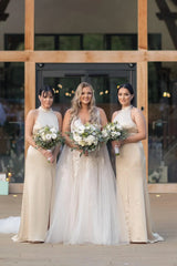 Weitese Dress High Neck Champagne Sheath Long Bridesmaid Dress Formal Wear Dresses