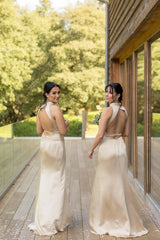 Weitese Dress High Neck Champagne Sheath Long Bridesmaid Dress Formal Wear Dresses