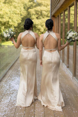 Weitese Dress High Neck Champagne Sheath Long Bridesmaid Dress Formal Wear Dresses
