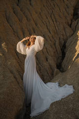 Weitese Dress Romantic Wedding Dress With Long Sleeves Long Train Wedding Dress Chiffon Bridal Gown Off White Color Wedding Dress