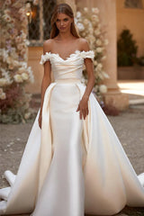 Weitese Prom Dress In Store Divine A-line Off-the-Shoulder Romantic Satin Wedding Dress Backless Dress For Wedding