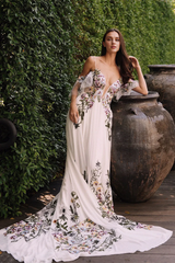 Weitese Prom Dress In Store Elegant Floral Lace Applique A-line Wedding Dress With Long Train Dress For Wedding