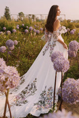 Weitese Prom Dress In Store Elegant Floral Lace Applique A-line Wedding Dress With Long Train Dress For Wedding
