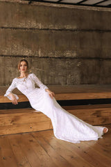 Weitese Prom Dress In Store Eternity Lace Mermaid Boatneck Wedding Dress Long Sleeves Backless Dress For Wedding