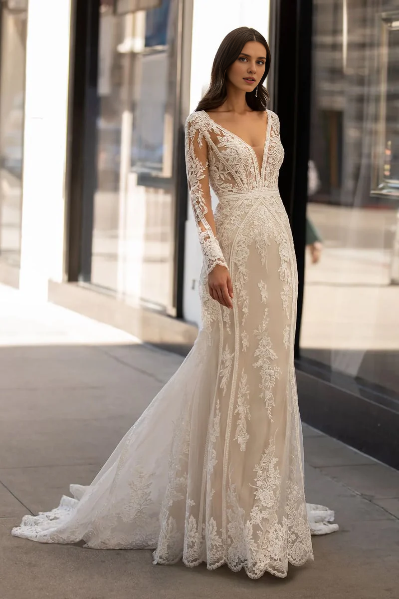 Weitese Prom Dress In Store Ivory Long Sleeve V Neck Wedding Dress Mermaid Applique With Train Dress For Wedding