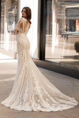 Weitese Prom Dress In Store Ivory Long Sleeve V Neck Wedding Dress Mermaid Applique With Train Dress For Wedding