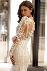 Weitese Prom Dress In Store Ivory Long Sleeve V Neck Wedding Dress Mermaid Applique With Train Dress For Wedding