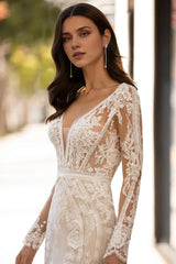 Weitese Prom Dress In Store Ivory Long Sleeve V Neck Wedding Dress Mermaid Applique With Train Dress For Wedding