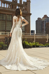 Weitese Prom Dress In Store Ivory Long Sleeve V Neck Wedding Dress Mermaid Applique With Train Dress For Wedding