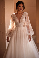 Weitese Prom Dress In Store Long Sleeve Beaded Tulle Round Neck Wedding Dress A-line Sparkling Dress For Wedding