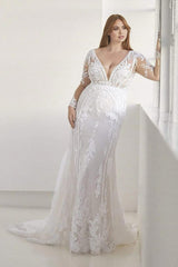 Weitese Prom Dress In Store Long Sleeve V Neck Wedding Dress Mermaid Applique With Train Dress For Wedding