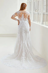 Weitese Prom Dress In Store Long Sleeve V Neck Wedding Dress Mermaid Applique With Train Dress For Wedding