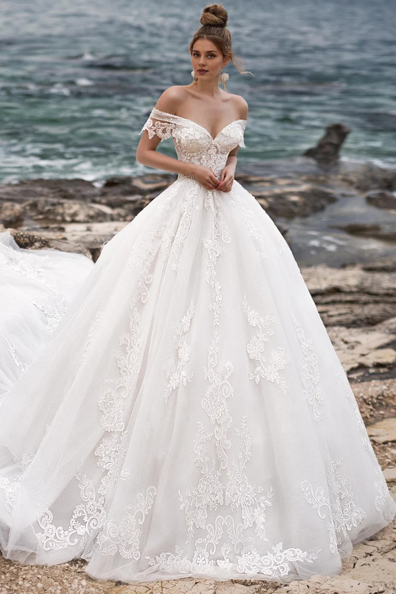 Weitese Prom Dress In Store Off-the-shoulder Strapless A-line Wedding Dress With Overlength Train Dress For Wedding