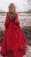 Weitese V Neck Red Wedding Dress With Sequins Beads Bridal Gown Prom Dress Long Sleeves Mermaid