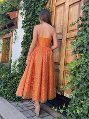 Orange Sweetheart Neck Sequin Tea Length Prom Dress, Sequin Formal Evening Dress