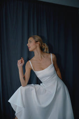 Reception Satin Dress Midi With A Spaghetti Straps And Sguare Neckline Bridal Topper  A-line Skirt  Wedding Guest Courthouse Dress