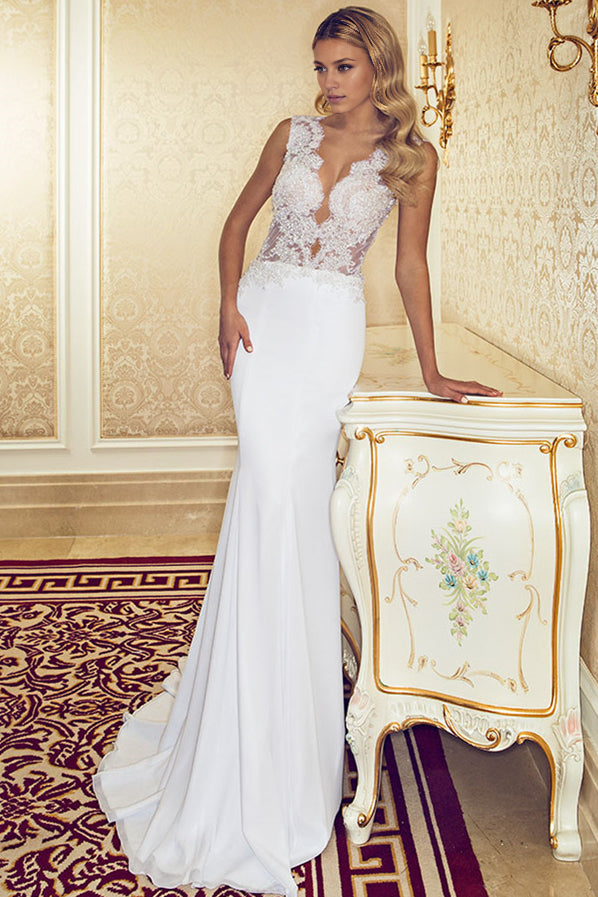V-Neck Lace Mermaid Wedding Dresses Chiffon Beadings Sleeveless Sweep Train Bridal Gowns