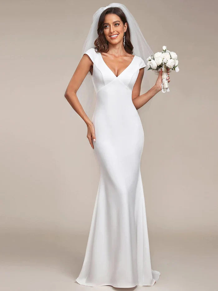 Cap Sleeve Deep V-Neck Backless Fishtail Wedding Dress
