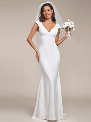 Cap Sleeve Deep V-Neck Backless Fishtail Wedding Dress