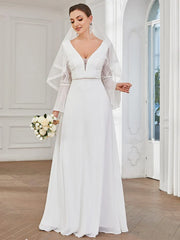 Bell Sleeve Chevron Lace V-Neck A-Line Wedding Dress