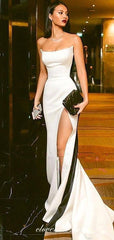 White And Black Satin Strapless Sheath With Slit Formal Dresses, CP0666