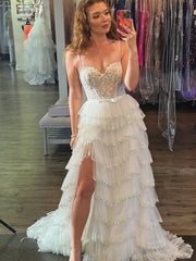 White Blue Floral Sequined Multi Layers Long Prom Dress with Slit, Multi Layers Long Lace Formal Evening Dresses