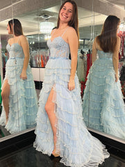 White Blue Floral Sequined Multi Layers Long Prom Dress with Slit, Multi Layers Long Lace Formal Evening Dresses