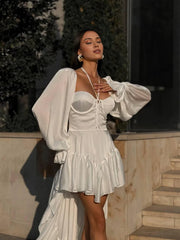 White Chiffon Corset Long Sleeves Straless Open Back A-line Hight Low Dress Wedding Dress