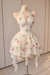 White Floral Halter Mini Dress Corset Homecoming Party Dress