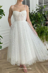 White Heart Embroidery Spaghetti Strap Ankle Length Wedding Dresses, CW0313