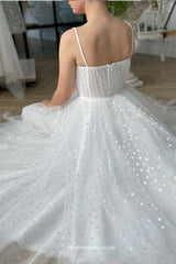White Heart Embroidery Spaghetti Strap Ankle Length Wedding Dresses, CW0313