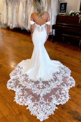 White Lace-Trimmed Off-the-Shoulder Mermaid Long Wedding Dress TN347