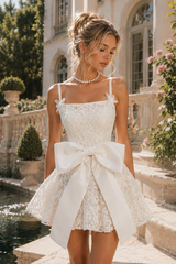 White Lace Bow Spaghetti Strap Homecoming Dress with Flare Mini Skirt