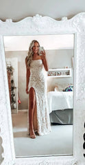 White Lace Strapless Wedding Dress, Sleeveless Party Dress, AST1739