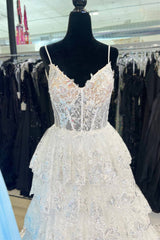 White Layered Tiered Prom Dresses Sequin Spaghetti Straps A-Line