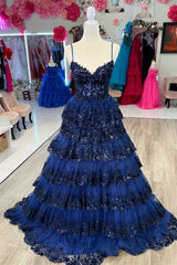 White Layered Tiered Prom Dresses Sequin Spaghetti Straps A-Line