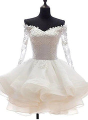White Off Shoulder Short Organza with Lace Top Graduation Dress, Short Wedding Party Dress