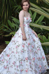 White Pink 3D Floral Lace Strapless A-line Fashion Prom Dresses, CP1027