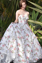 White Pink 3D Floral Lace Strapless A-line Fashion Prom Dresses, CP1027