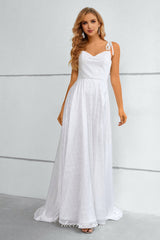 White Printed Sleeveless A-line Side Slit Prom Dresses, CP0907