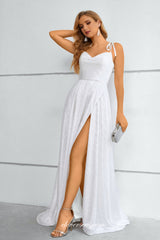 White Printed Sleeveless A-line Side Slit Prom Dresses, CP0907