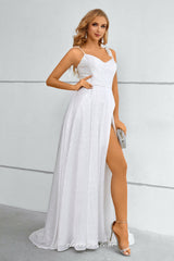 White Printed Sleeveless A-line Side Slit Prom Dresses, CP0907