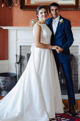 Ivory Satin Bateau Beaded Wedding Guest Dress With Bow TN348